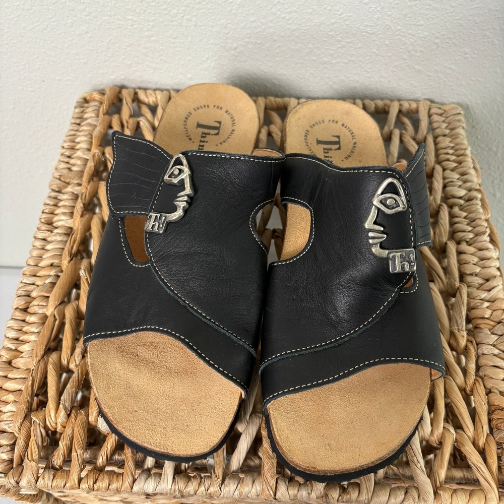 Think! Sandals Womens 40 US 9 9.5 Black Leather Mizzi Face Cork Slide Shoes